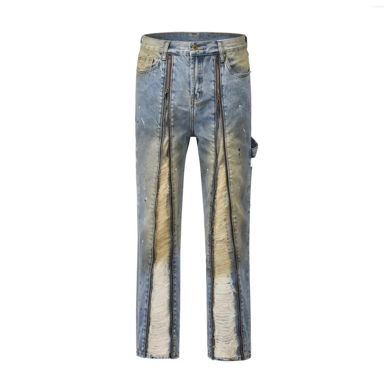 Jeans pour hommes Européen Américain High Street Cargo Pantalon Homme Wahsed Vintage Blanchi Trou Fermeture Éclair Ouvert Folk Casual Pleine Longueur