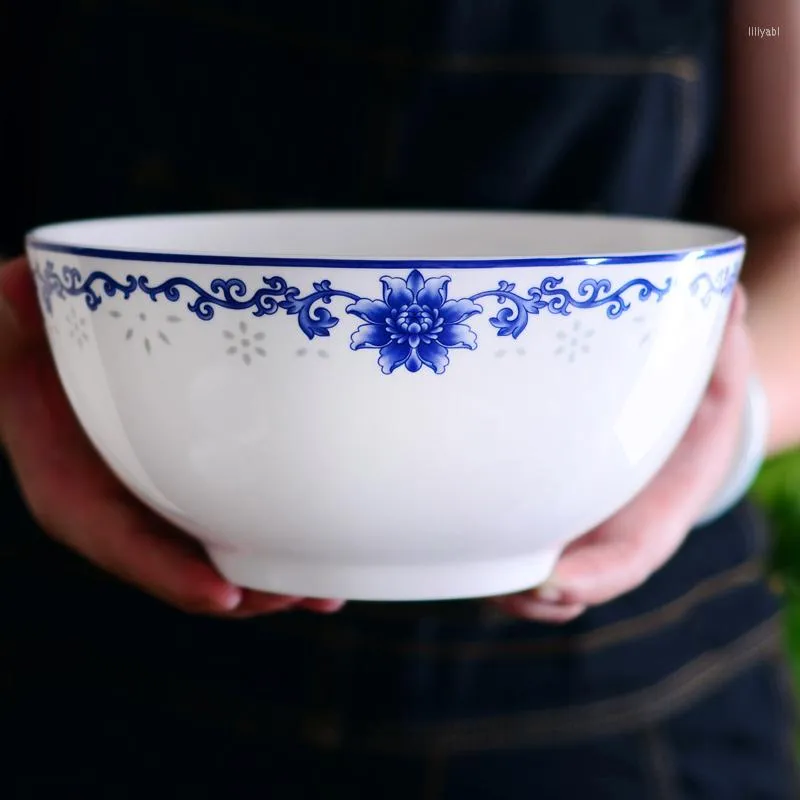 Ciotole Ciotola di ramen grande da 8 pollici Zuppa di noodle in porcellana bianca e blu Jingdezhen Bone China Insalata Stoviglie cinesi in ceramica