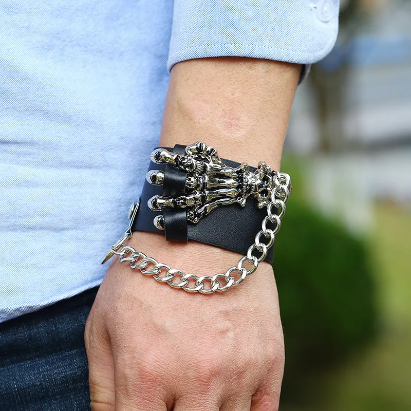 Cadeias de esqueleto de crânio picos de rebite manguito largo puk rock gótico punk rock unissex pulseira de joias de jóias pulseira de couro