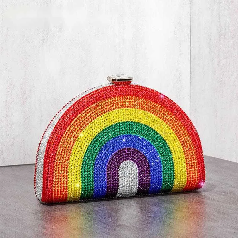 Torby na ramię Rainbow Kolor Crystal Evening Clutch Wedding Party Women Boutique Half Moon Rhinestone torebki i torebki Luksusowy projektant 230426