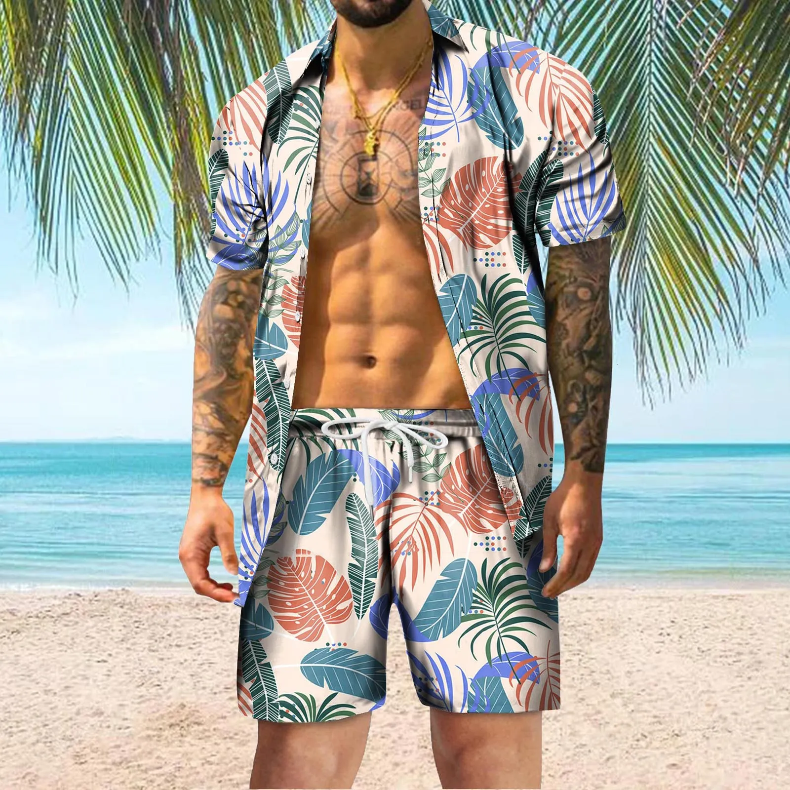 Mens Tracksuits Hawaiian Beachwear 2 Piece Set Bohemian Tracksuit Leaf Print Sets Lapel Collar Short Sleeve Ensemble Homme Vacation 230512
