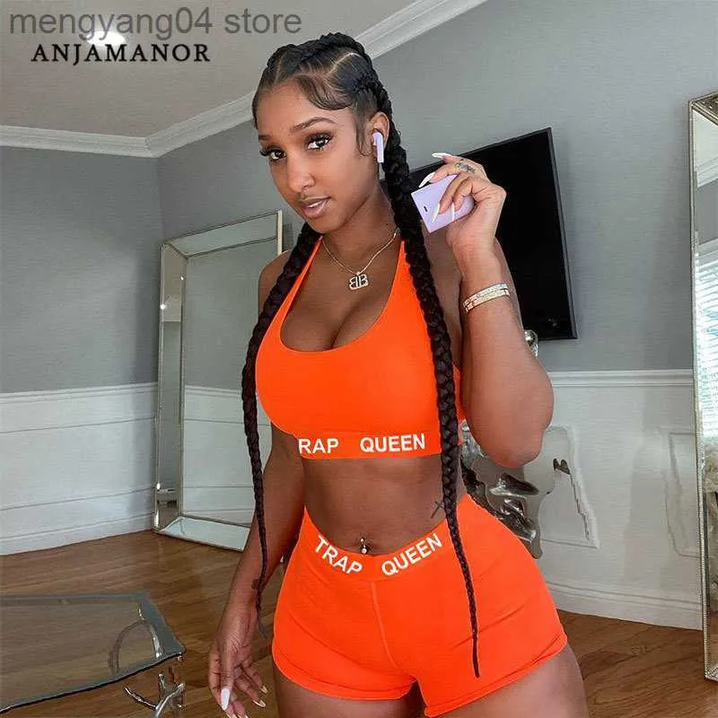 Kvinnors träningsduits Letter Print Neon Orange Sporty Two Piece Set Crop Top and Booty Shorts Sexig spårdräkt 2-delad Bodycon Outfit D13-CA12 T230515