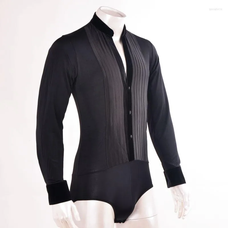 Stage Wear Latin Dance Velvet Collar Satin Front Shirt Cardigan Stitching Buttons Men Bodysuit