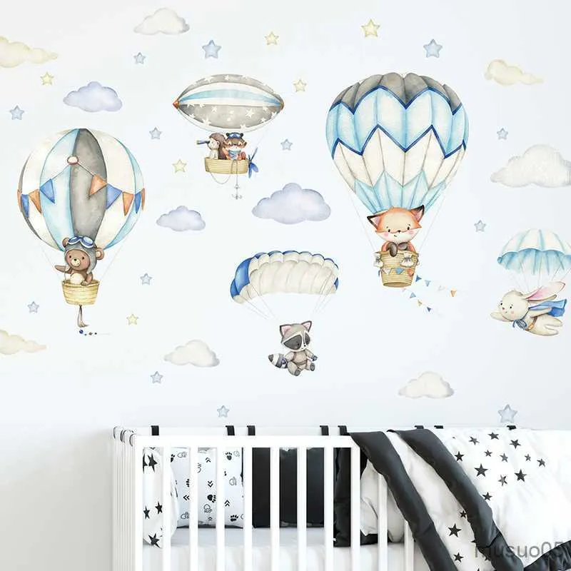 Autocollants de jouets pour enfants Aquarelle Animaux Montgolfière Nuages Stickers Muraux Couleur Bleue pour Chambre d'Enfant Chambre de Bébé Stickers Muraux Chambre de Garçon Stickers