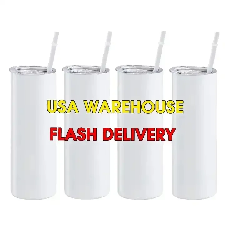 US CA STOCK Oz Tumblers retos em branco sublimação copo fino café com tampa e canecas de cerveja de palha de plástico