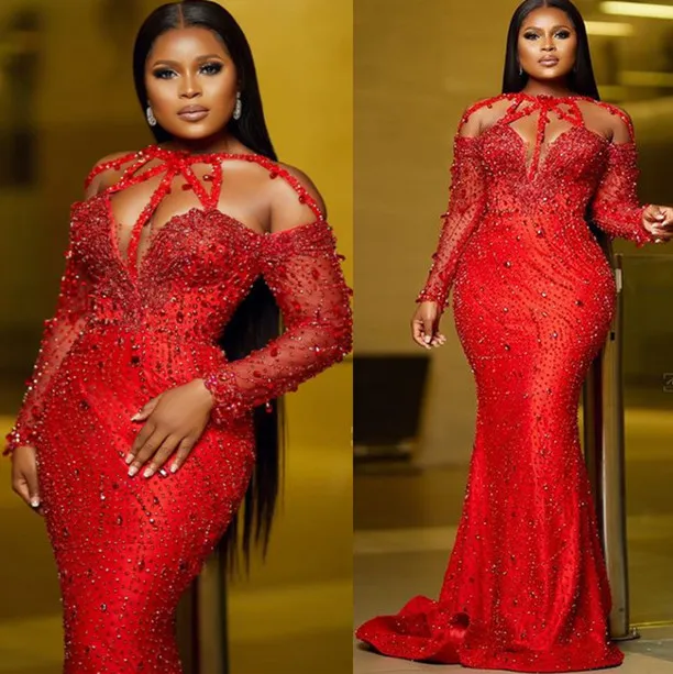 2023 Mai Aso Ebi Sirène Robe De Bal Rouge Cristaux Perlés Sexy Soirée Formelle Deuxième Réception Anniversaire Robes De Fiançailles Robe Robe De Soirée ZJ268