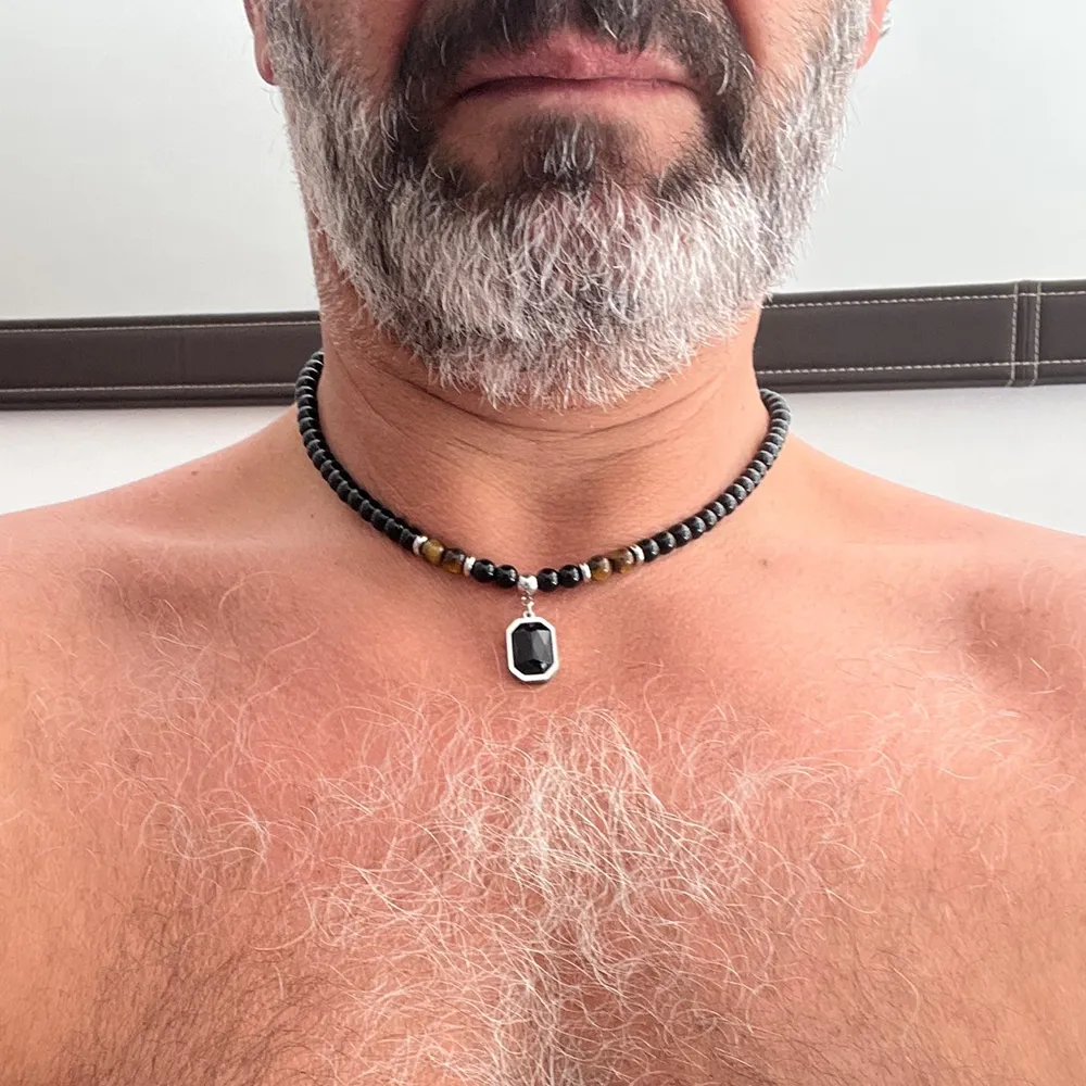 Edelstahl Tigerauge Schwarz Kristall Anhänger Halskette Männer Persönlichkeit Mode Naturstein Strang Perlen Halskette Schmuck