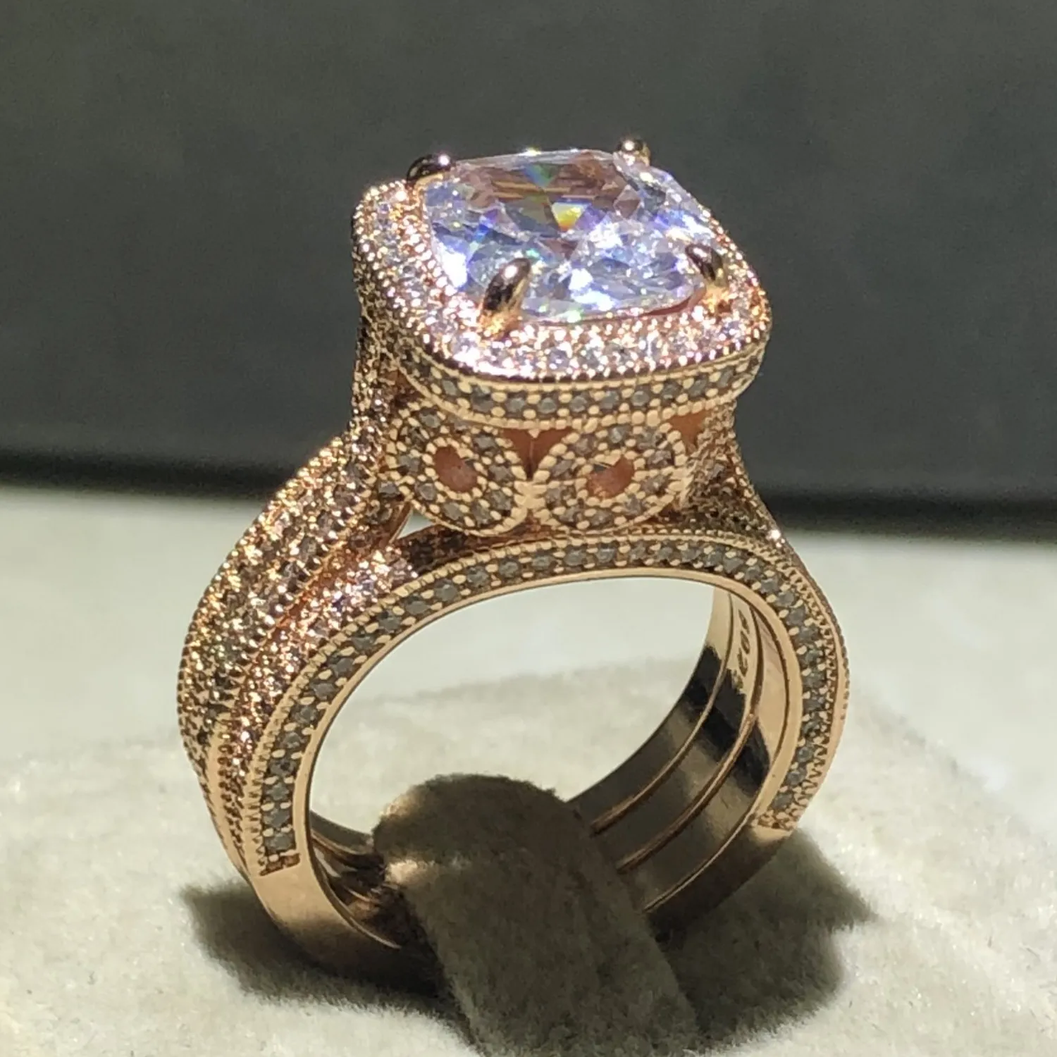 Juego de anillos de boda de oro rosa de plata de ley 925 de lujo, anillo de banda 3 en 1 para mujer, joyería nupcial de compromiso, tamaño de dedo 5,6,7,8,9,10