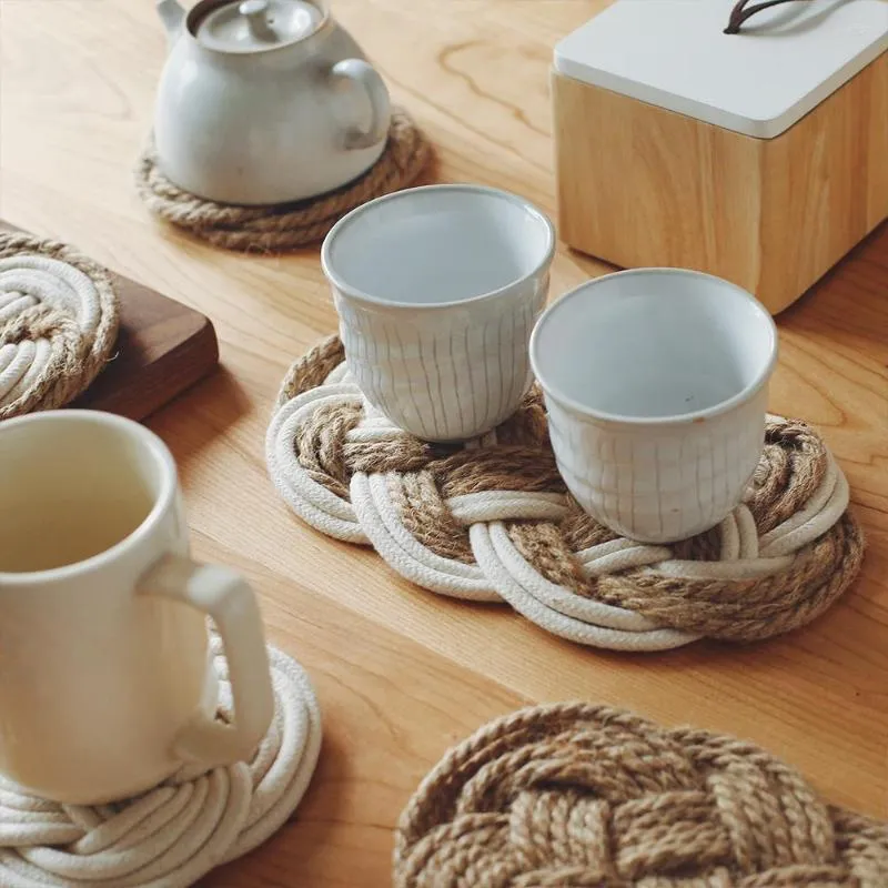 Tapis de table en fil de coton tissé à la main tapis de jute antidérapant napperon de salle à manger rotin isolation tasse après-midi thé décor