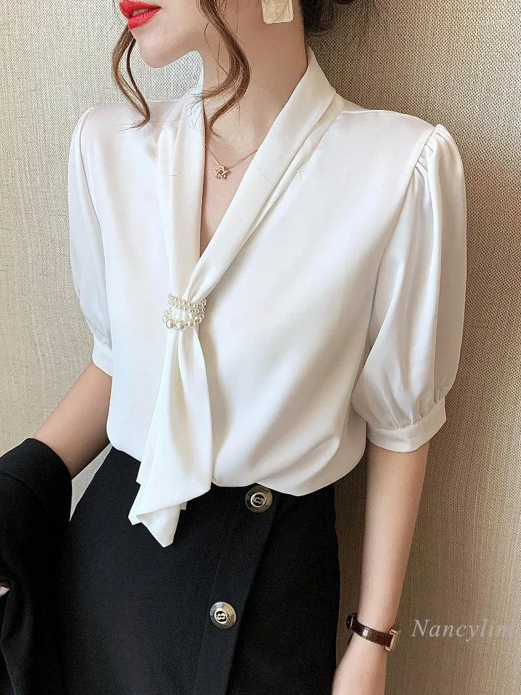 Women's Blouses OL White Shirt Women's Short Sleeve Satin Blouse 2023 Summer Beaded Tied V-neck Shirts Office Lady Professional Top