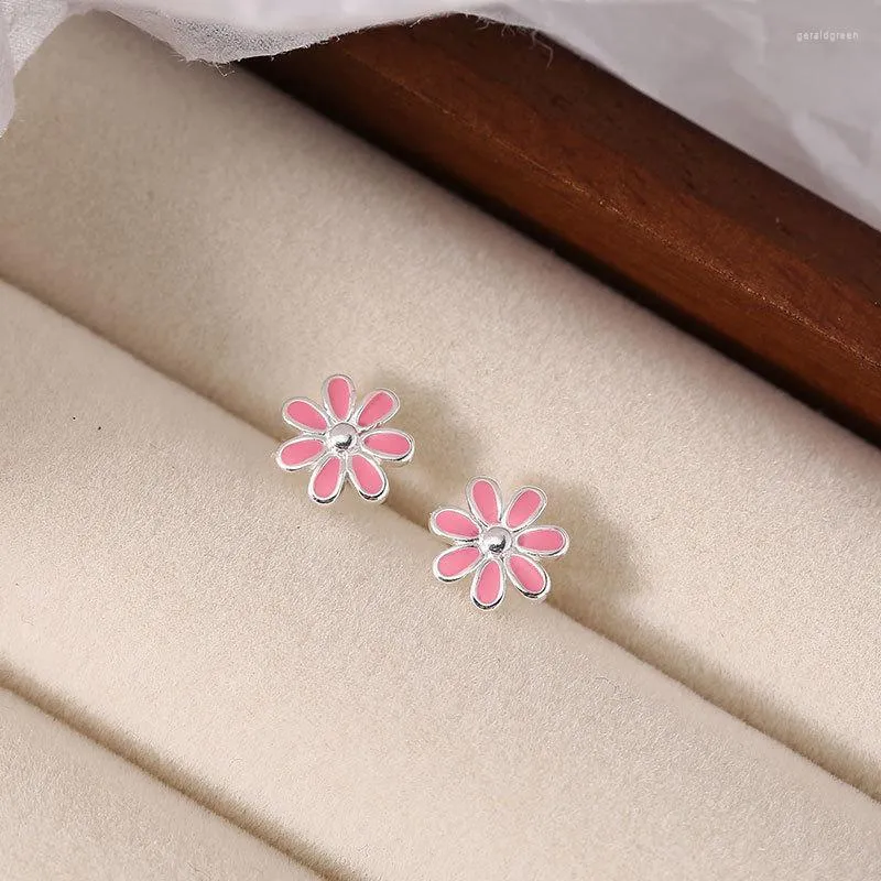 Stud Earrings Cute Real 925 Sterling Silver Women Enamel Pink Daisy Flower Earings Girl Gifts Fine Jewelry For Woman