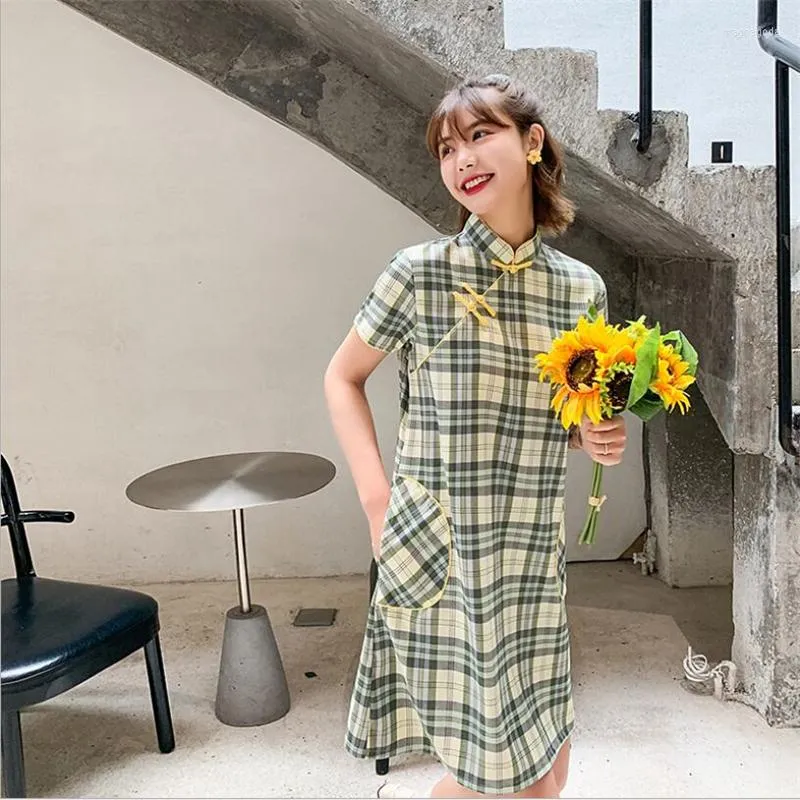 Etnische kleding 2023 Moderne losse Qipao-jurk dames vintage plaid cheongsam jurk dames verbeterde zomer qi pao s-l