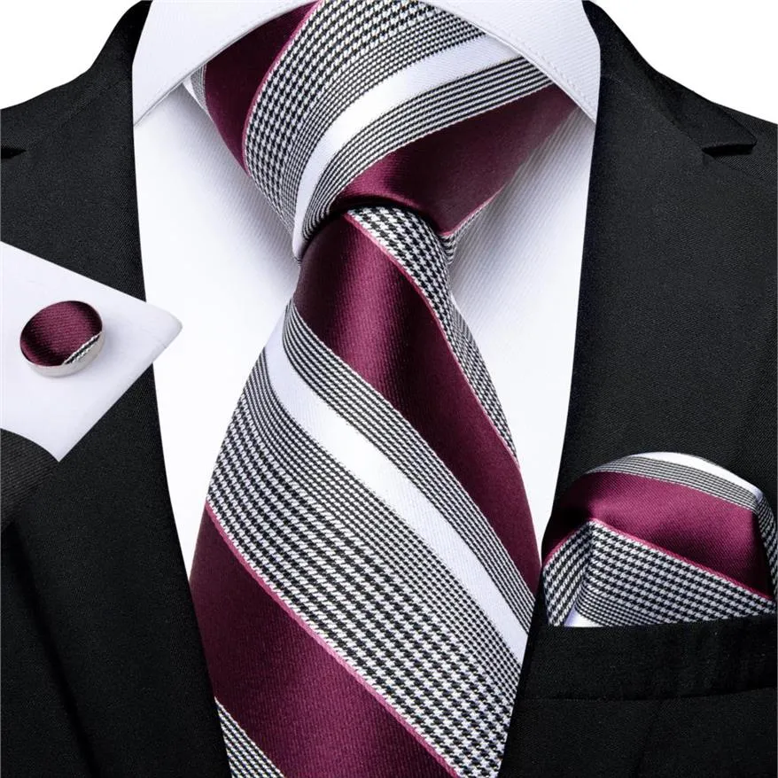 Mode gestreepte stropdas voor mannen Red Wine White Silk Wedding Tie Hanky ​​Cufflink Gift Tie Set Nieuwheid Design Business MJ-73372479