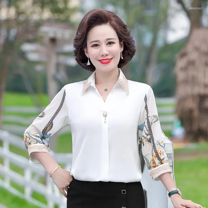 Women's Blouses Women White Shirts Print Retro Lace Suit Collar 3/4 Sleeve Satin Summer Chic Chiffon Button Up Top Casual Camisa Mujer