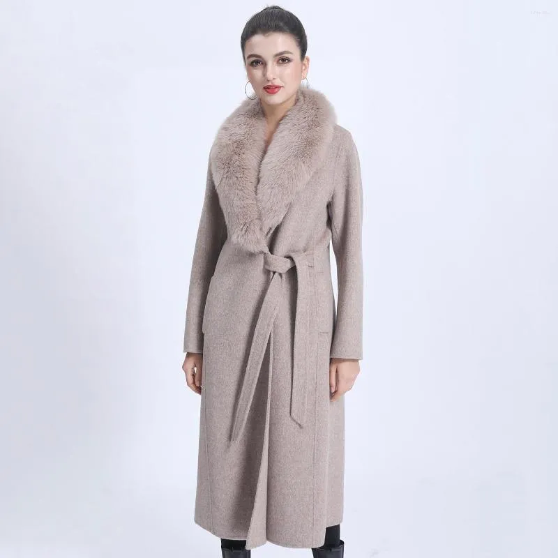 Cappotto lungo da donna in lana MISSJANEFUR Donna Elegante trench in cashmere con cintura sottile e collo in vera pelliccia Inverno per