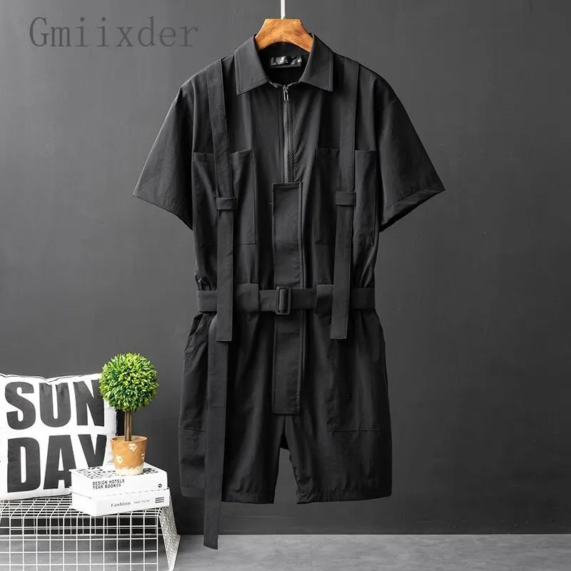 Mens Tracksuits Black Casual Workwear Jumpsuits Men Korean High Street Youth Loose Fitting Short Sleeved Allinone Suit Safari Cargo Half Pants 230512