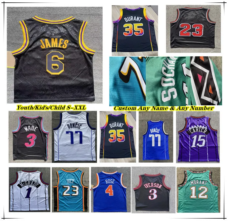 Hot Printed Basketball Jersey Youth Kids Child Dwyane Wade Jimmy Butler Ja Morant Luka Doncic Vince 15 Carter Tracy McGrady Derrick Rose Jalen Brunson Allen 3 Iverson