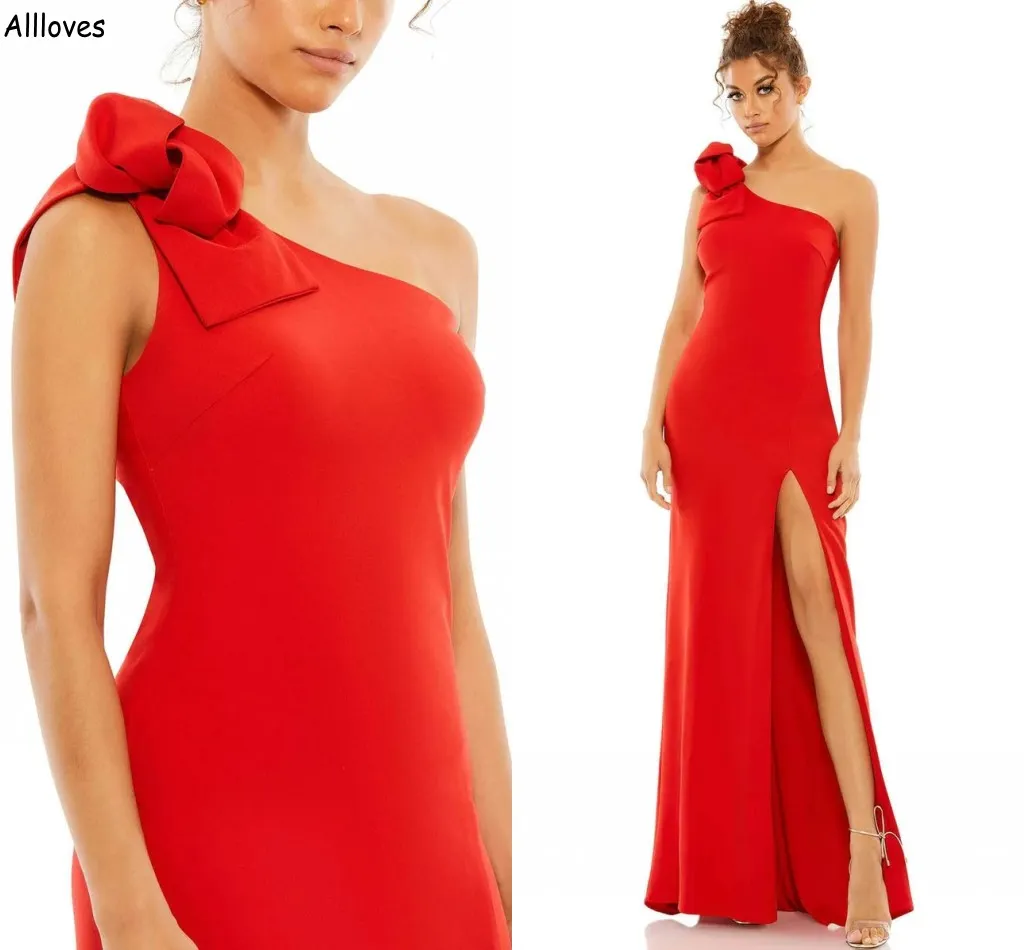 Röd en axel sjöjungfru prom klänningar elegant satin bowknot sexig lår split formell tillfälle afton klänningar golvlängd arabisk aso ebi andra mottagning klänning cl2262