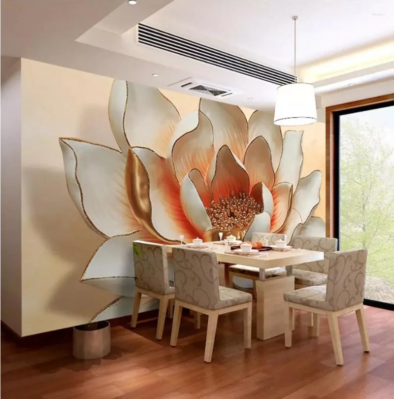 Tapetka CJSIR Dostosowana salon sofa sofa tła ściana 3D tapeta Wysoka jakość jedwabnej ulgi lotos