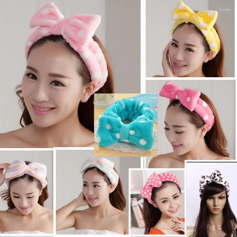 Accesorios para el cabello de la marca Lovely Womem Ladies Girl Headwear Bow Dot Striped Soft Shower Band Wrap Headband Bath Spa Makeup Cute