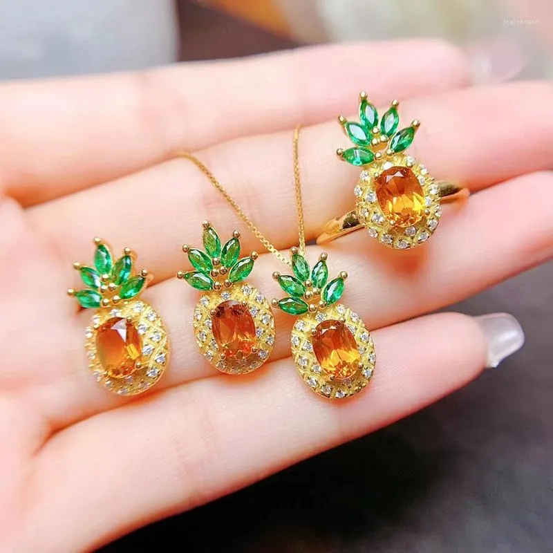 Halskette-Ohrringe-Set, trendige vergoldete Ananas-Ringe, Anhänger-Halsketten für Frauen, gelbgrüner CZ-Stein, Inlay, Modeschmuck, Partygeschenke