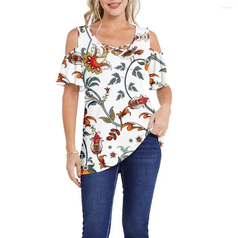 T-shirt da donna T-shirt O-collo con stampa floreale bianca da donna Moda estiva Top manica corta Camicia casual con spalle scoperte