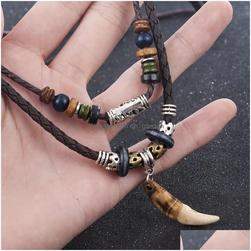 Bohemian Tooth Leather Leather Necklace With Pendant For Men