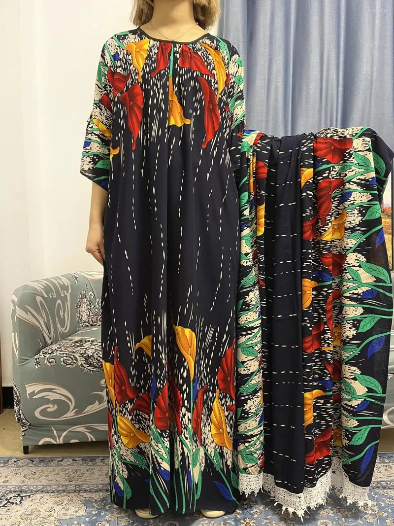 女性のためのエスニック服アバヤ2023年大きなスカーフプリントフローラルオネックルーズアフリカンドレスkaftan marocain maxi robe femme