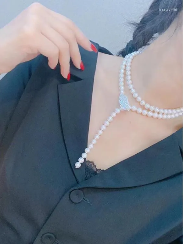 Chains Hand Knotted Necklace Natural 8-9mm White Freshwater Pearl Sweater Chain Nearly Round 80cm Micro Inlay Zircon Clasp Access