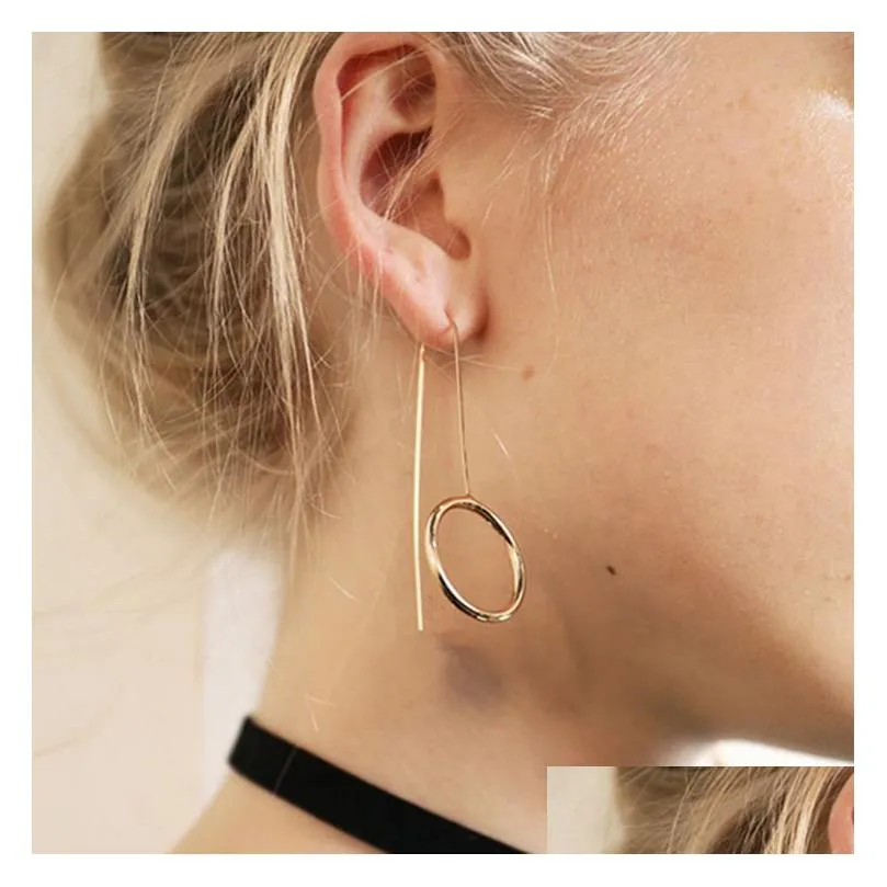 Bengelen kroonluchter 1pair minimalistische lange bar hanger Hoop oorbellen voor y dames persoonlijkheid goud metaal kleur ronde cirkel ea dhgarden dhgl0