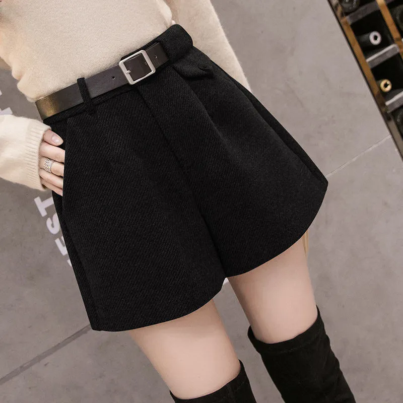 Women's Shorts Womens Wide Leg Shorts with Belt A-line Autumn Winter Casual Comfortable Elegant Wild Shorts High Waist Thick Warm Woolen Shorts 230515