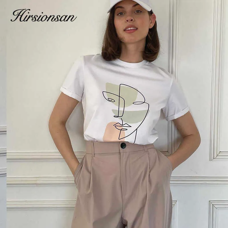 女性のTシャツHirsionsan Abstract Print T Shirt Women Summer New Exting Cotton Teesカジュアルルース美的TシャツOネックトップ2023 P230515