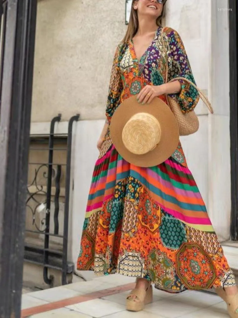 Повседневные платья 2023 летние женщины платья печать большие свинг с ультра-длинным этническим стилем самок плиссированных темперамента моды Длинная юбка