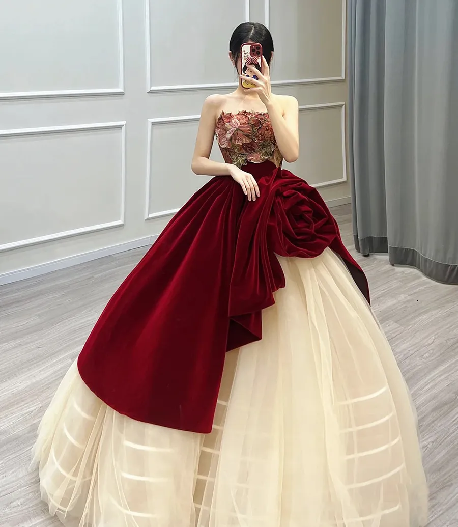 Party Dresses custom burgundy rose toast bride high sense wedding flower tube top dress 230515