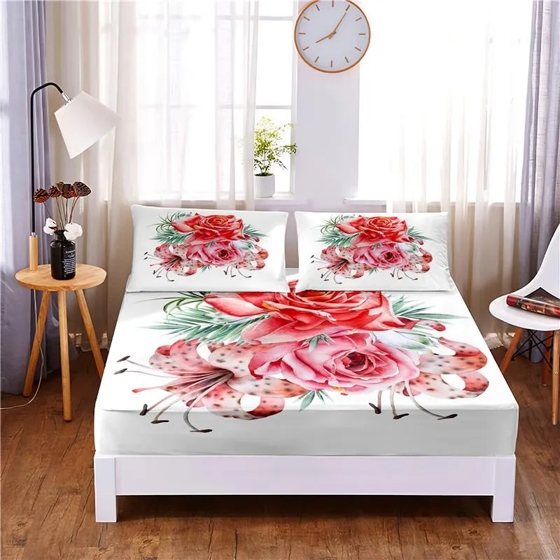 Ensemble jolie fleur, drap-housse en Polyester solide, housse de matelas aux quatre coins avec drap de lit à bande élastique (2 taies d'oreiller), 3 pièces