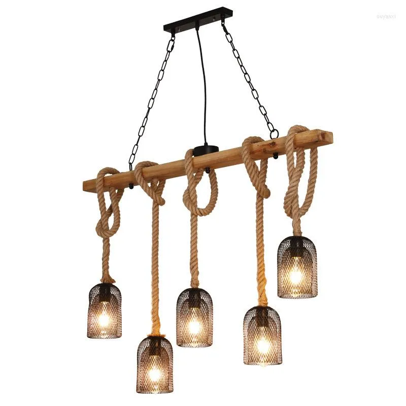 Lampes suspendues 5 têtes Loft Vintage lampe américaine salle à manger Restaurant café salon corde bois lustre lumières