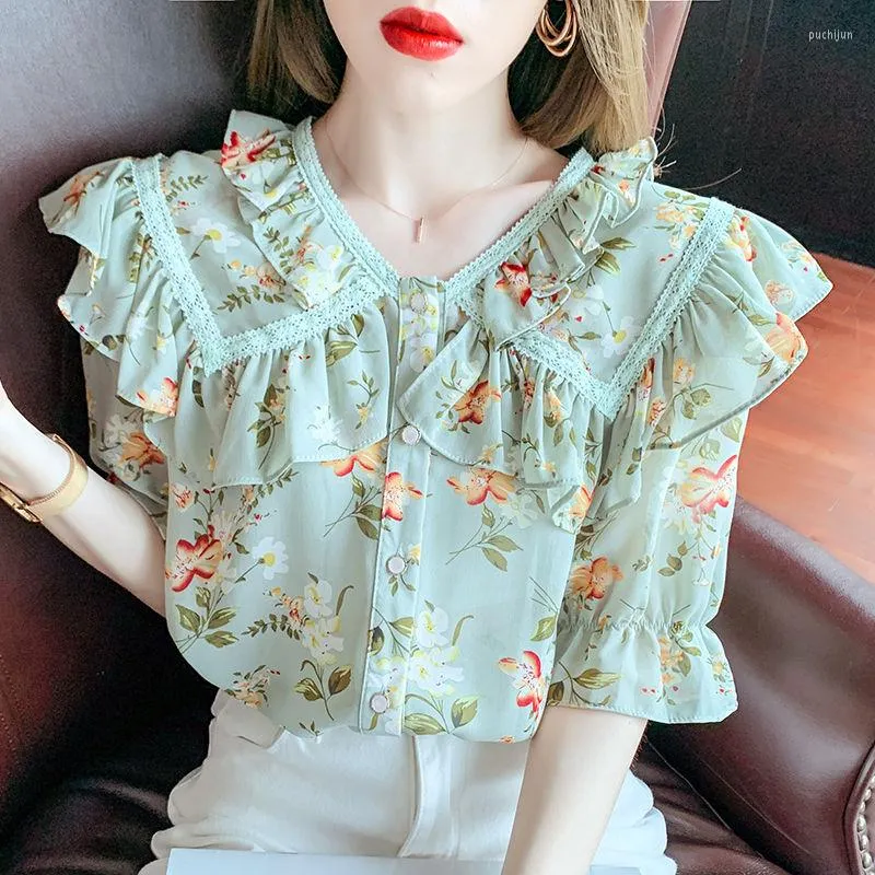 Kvinnors blusar Floral Print Chiffon Blus Kvinnor Ruffled Collar Summer Tops 2023 Söt Fashion Green Short Sleeve Blusas de Mujer