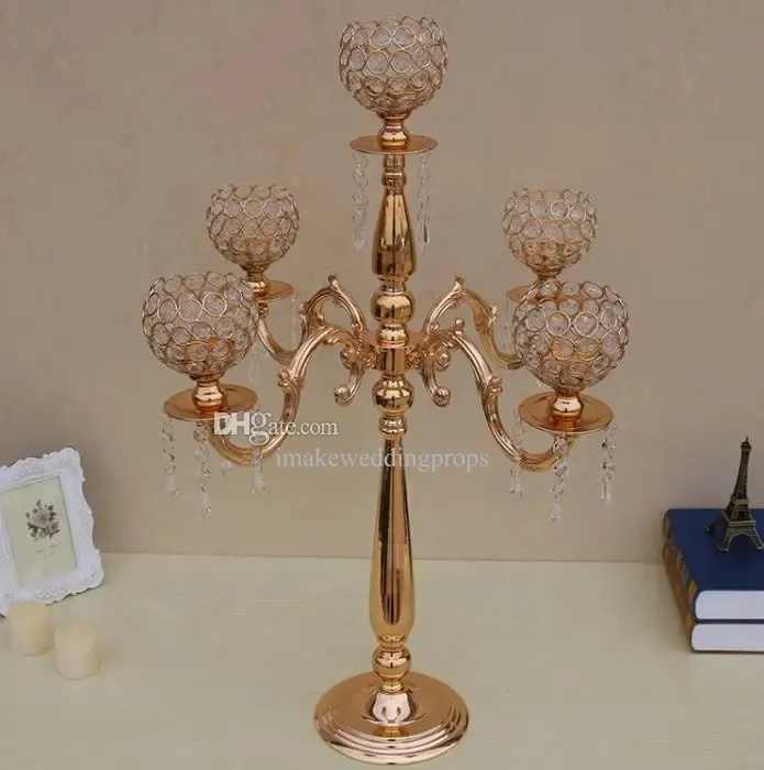 Glod and silver 5 arms crystal candelabra for wedding centerpieces