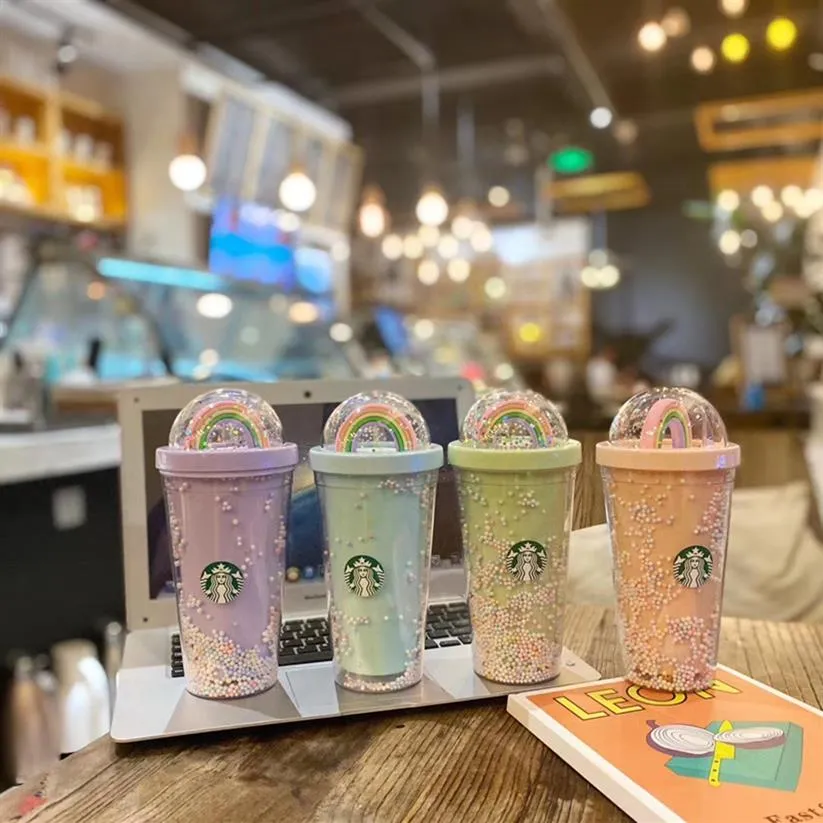 New Starbucks Rainbow starlight Straw coffee cup 450ml colorful Sequin Arch cover cold water cup Accompanying cup256Q