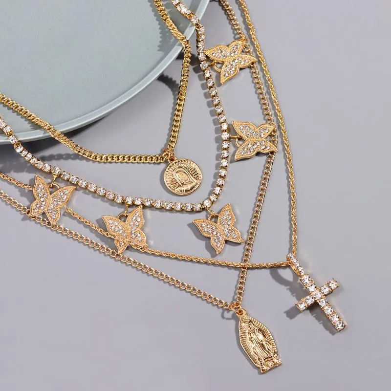 Kedjor 2023 Gold Butterfly Rhinestone Tennis Chain Necklace For Women Multi-Layer Portrait Cross Pendant Trendy Jewelry