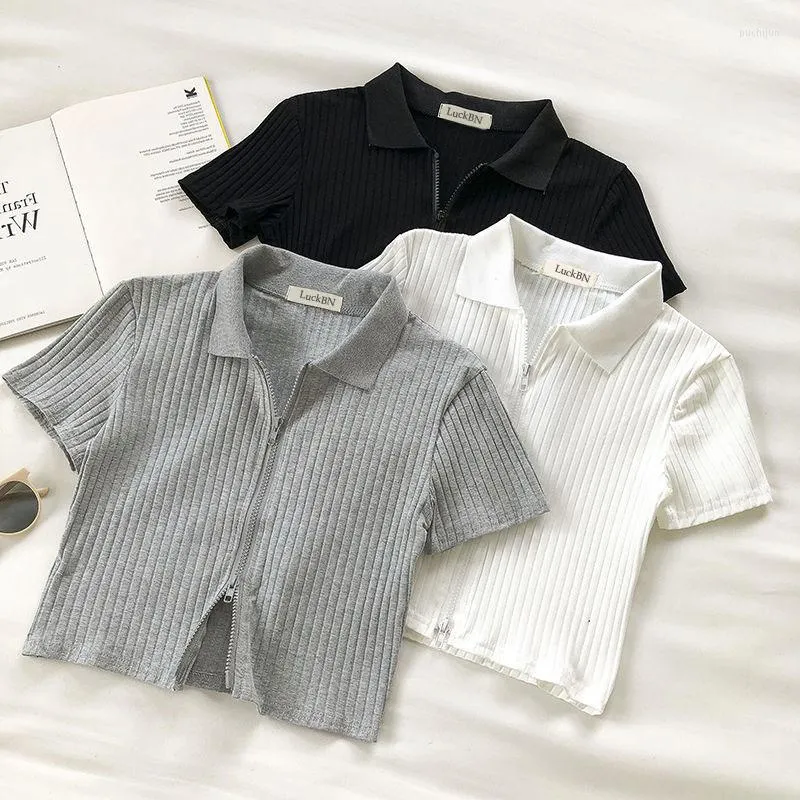 Women's T Shirts Y2k Crop Top Rib Knit Tops Basic Sport Elastic Short Sleeve Casual Black Grey Shirt Streetwear Summer Polo Zipper