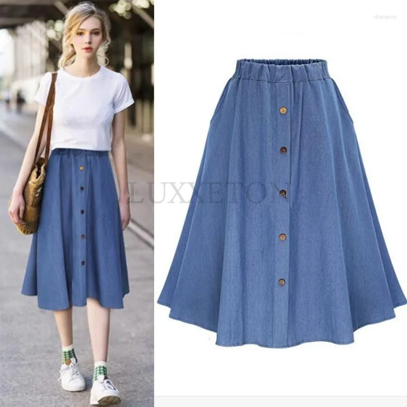 Skirts Fashion Korean Preppy Style Imitation Denim Women Solid Long Skirt Nature Waist Female Big Hem Casual Button Jean