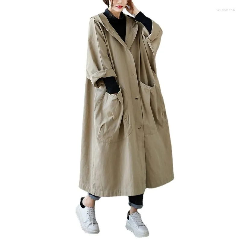 Trenchs pour femmes 2023 printemps automne littérature lâche longueur au genou grande poche manteau femmes à capuche banlieue loisirs coupe-vent