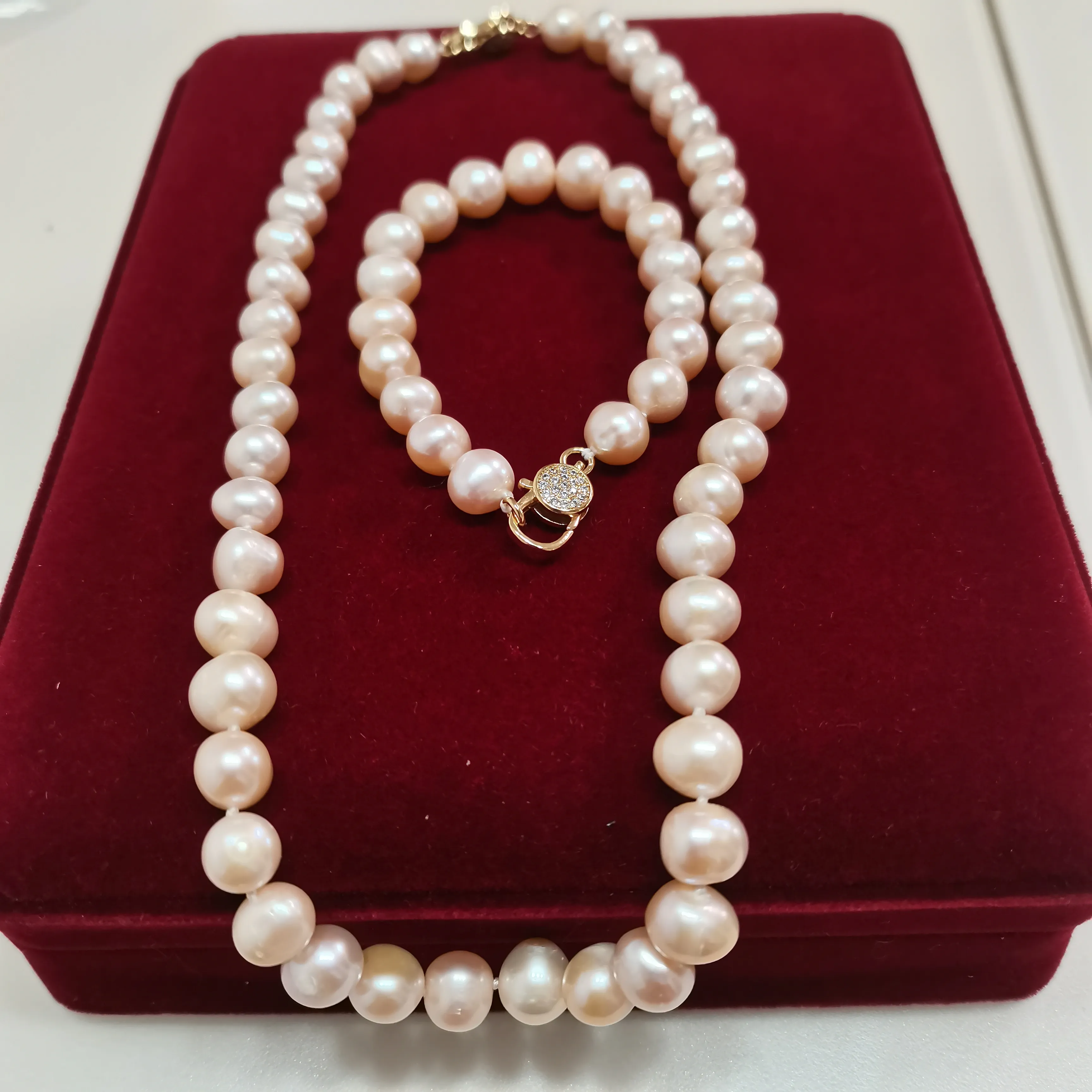 Hand knotted 9-10mm pink freshwater pearl necklace 45cm bracelet 19cm zircon micro inlay clasp set fashion jewelry