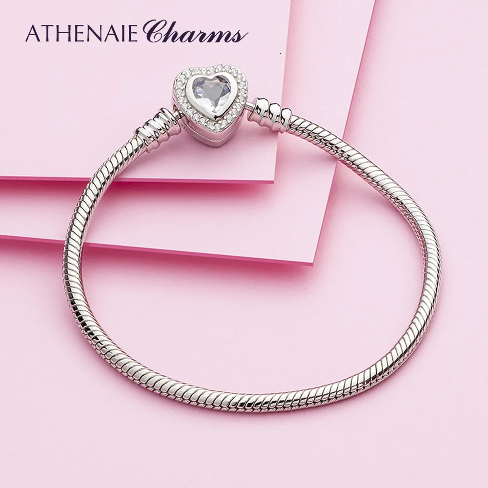 Chaîne Athena 100% 925 Sterling Silver Snake Chain Bracelet Bracelet avec CZ Love Heart Boucle Charm Bracelet 230512