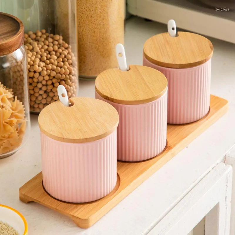 Storage Bottles Nordic 3Pcs Jar With Bamboo Holder Ceramic Spice Rack Salt Pepper Seasoning Kitchen Bottle Set Combination