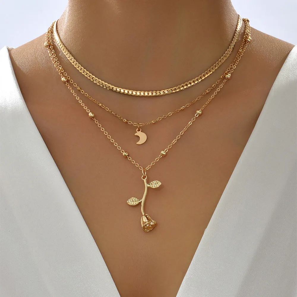 Böhmen Multilayer Moon Gold Color Pendant Halsband för kvinnor Rose Flower Choker Halsband 2022 Fashion Jewelry Party Gift