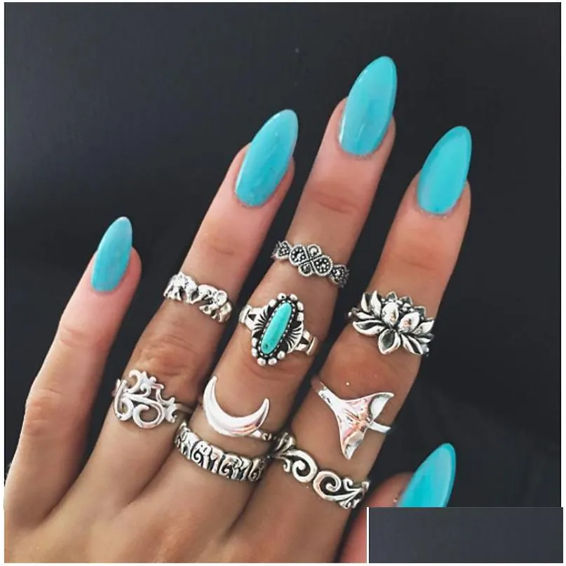 Band Rings 9 Pieces Set Of Personalized Lady Ring Retro Totem Elephant Turquoise Lotus Fish Tail Joint Pattern Casual Party Dhgarden Dhsn7