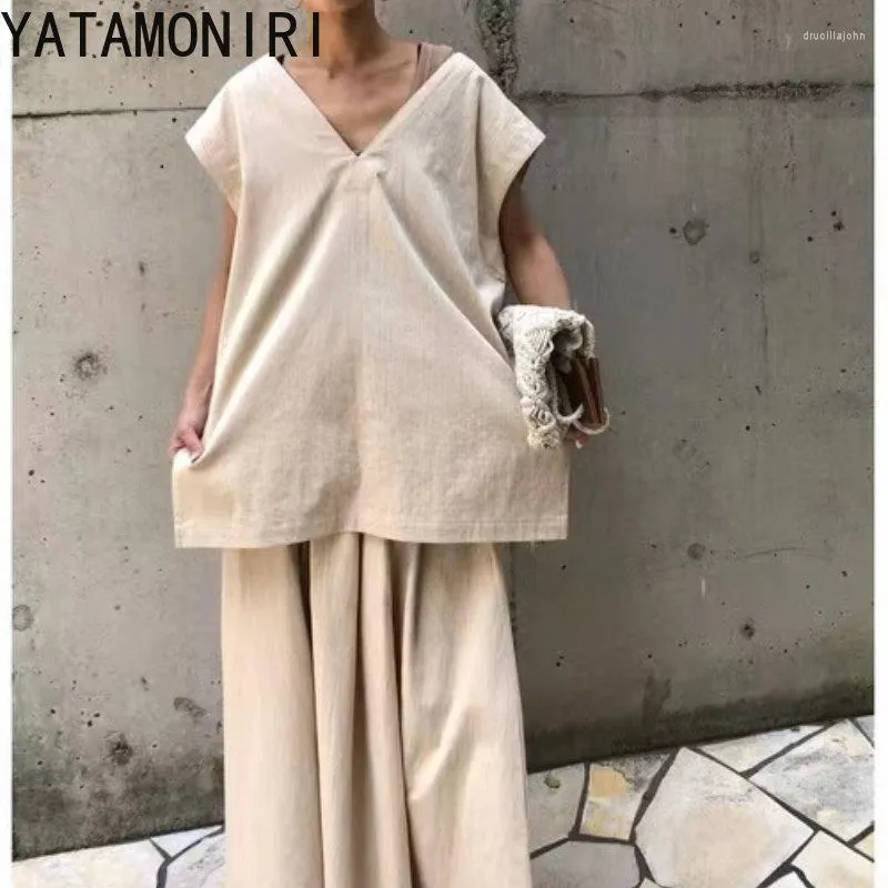 Work Dresses YATAMONIRI Women Two Pieces Sets Japan Style Solid V-Neck Sleeveless Tops Femme High Waist A Line Skirts Jupe Fashion Suits