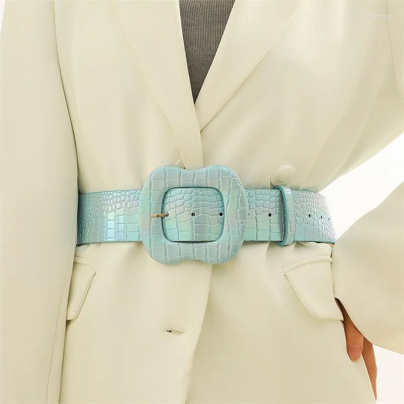 Bälten blå casual för kvinnor lyxdesigner märke pu läder midje bälte kvinnlig harajuku koreansk modegata midjeband korsetter